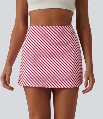 High Waisted 2-in-1 Curved Hem Stripe Mini Tennis Skirt with Pockets