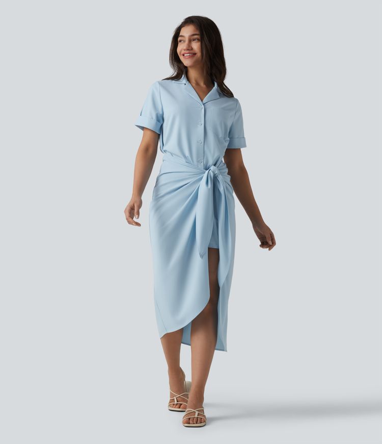 Wrinkle-Resistant Short Sleeve Wrapped Tie Front Midi Casual Chiffon Shirt Dress with Pocket