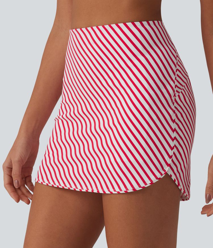 High Waisted 2-in-1 Curved Hem Stripe Mini Tennis Skirt with Pockets