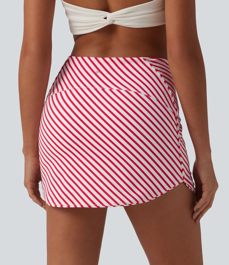 High Waisted 2-in-1 Curved Hem Stripe Mini Tennis Skirt with Pockets