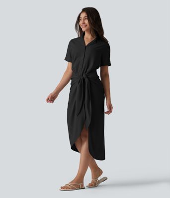 Wrinkle-Resistant Short Sleeve Wrapped Tie Front Midi Casual Chiffon Shirt Dress with Pocket
