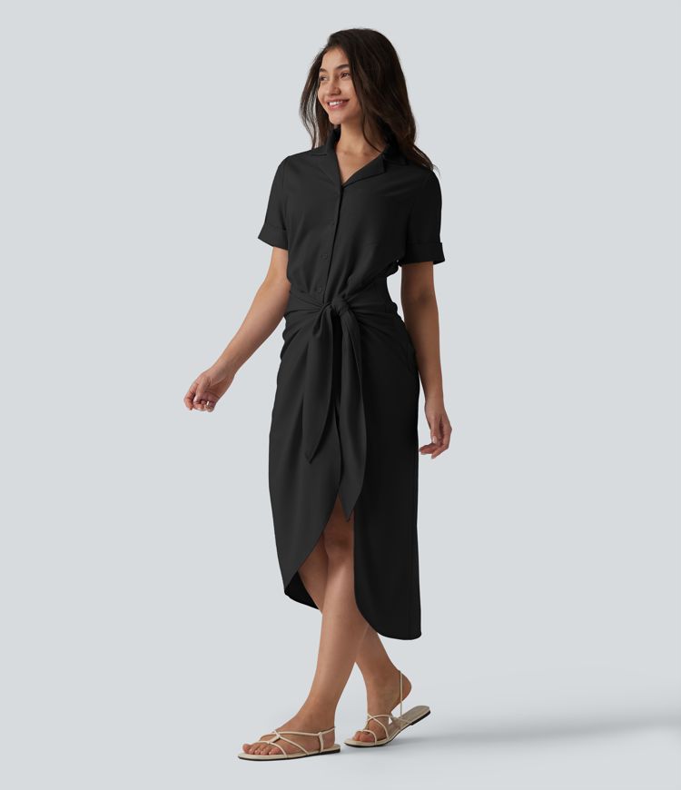 Wrinkle-Resistant Short Sleeve Wrapped Tie Front Midi Casual Chiffon Shirt Dress with Pocket