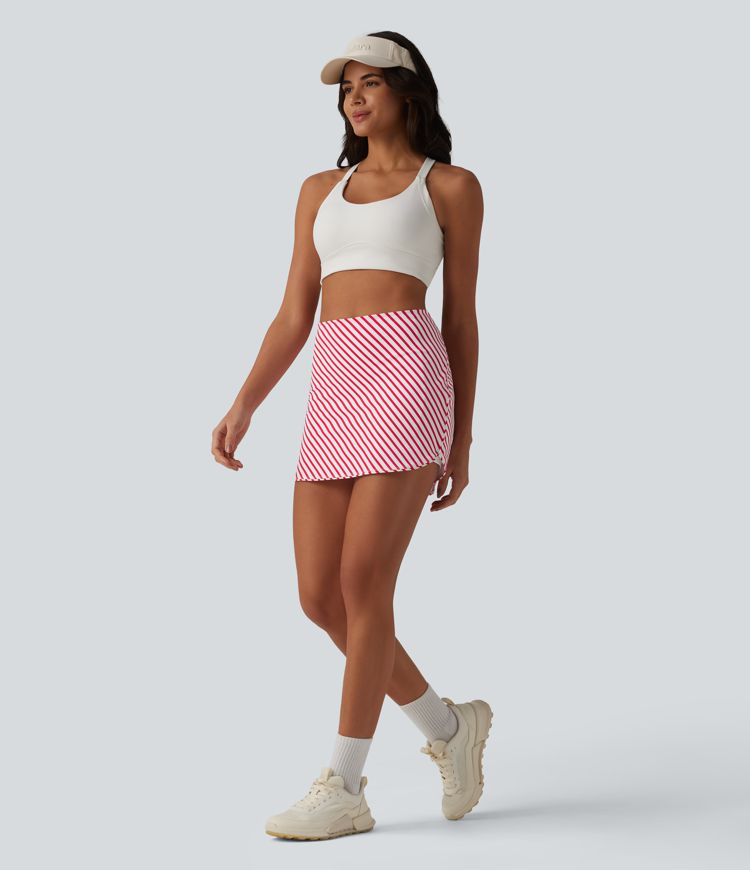 High Waisted 2-in-1 Curved Hem Stripe Mini Tennis Skirt with Pockets