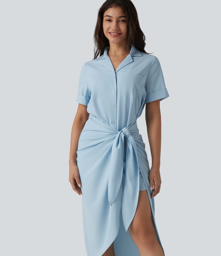 Wrinkle-Resistant Short Sleeve Wrapped Tie Front Midi Casual Chiffon Shirt Dress with Pocket