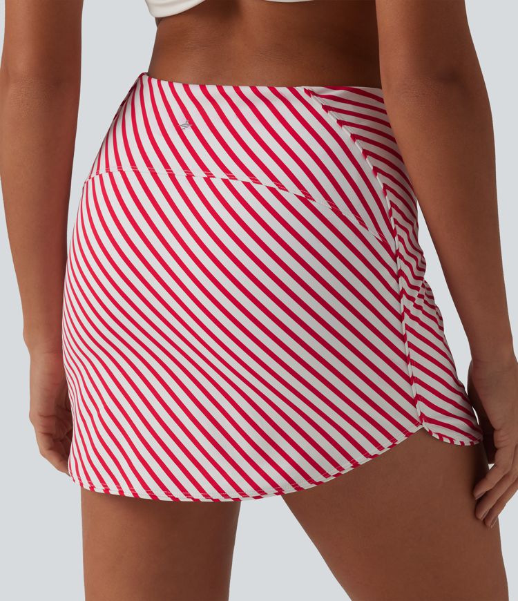 High Waisted 2-in-1 Curved Hem Stripe Mini Tennis Skirt with Pockets