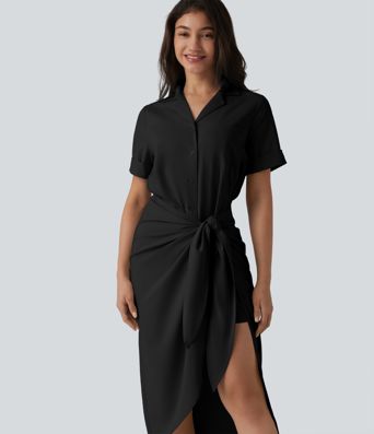 Wrinkle-Resistant Short Sleeve Wrapped Tie Front Midi Casual Chiffon Shirt Dress with Pocket