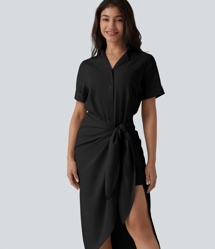 Wrinkle-Resistant Short Sleeve Wrapped Tie Front Midi Casual Chiffon Shirt Dress with Pocket