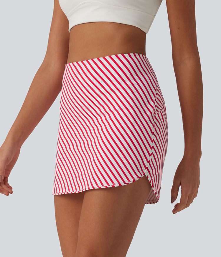 High Waisted 2-in-1 Curved Hem Stripe Mini Tennis Skirt with Pockets