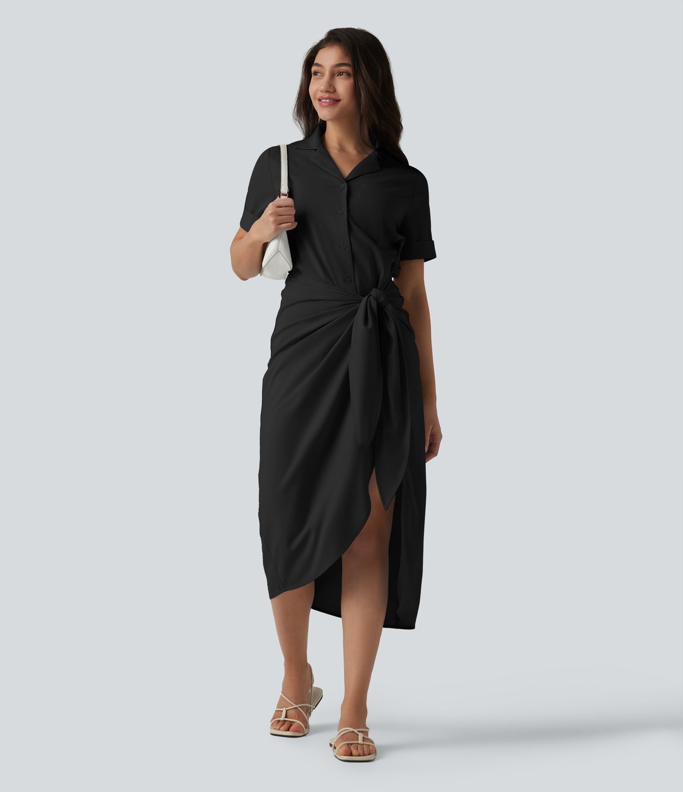 Wrinkle-Resistant Short Sleeve Wrapped Tie Front Midi Casual Chiffon Shirt Dress with Pocket