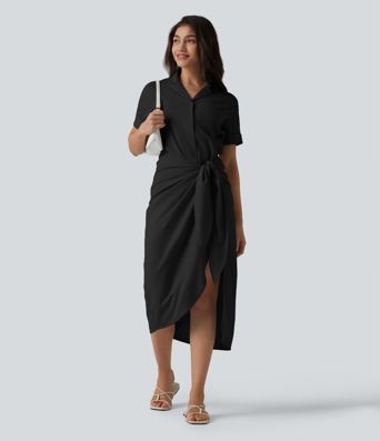 Wrinkle-Resistant Short Sleeve Wrapped Tie Front Midi Casual Chiffon Shirt Dress with Pocket