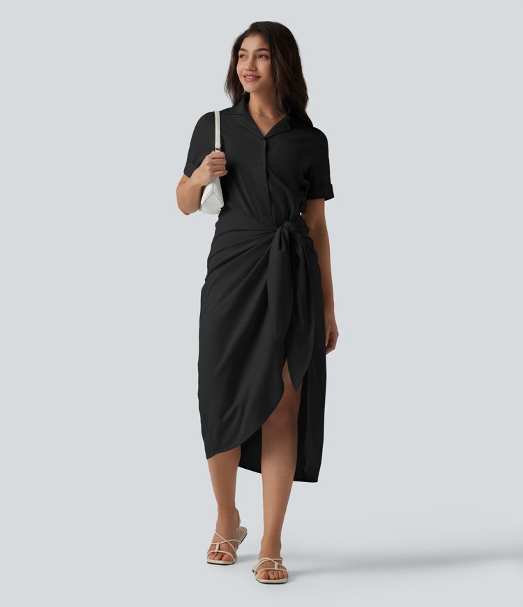 Wrinkle-Resistant Short Sleeve Wrapped Tie Front Midi Casual Chiffon Shirt Dress with Pocket
