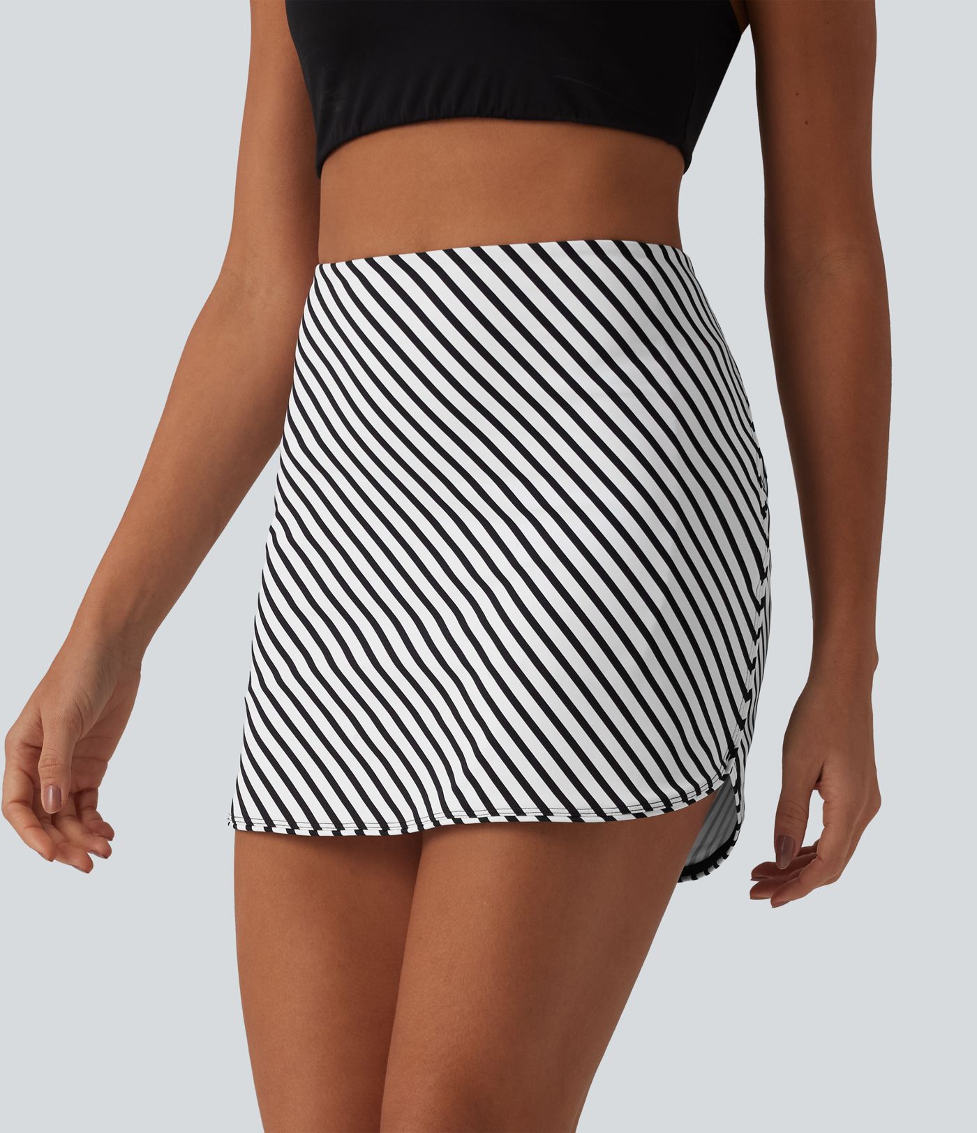 High Waisted 2-in-1 Curved Hem Stripe Mini Tennis Skirt with Pockets