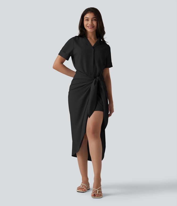 Wrinkle-Resistant Short Sleeve Wrapped Tie Front Midi Casual Chiffon Shirt Dress with Pocket