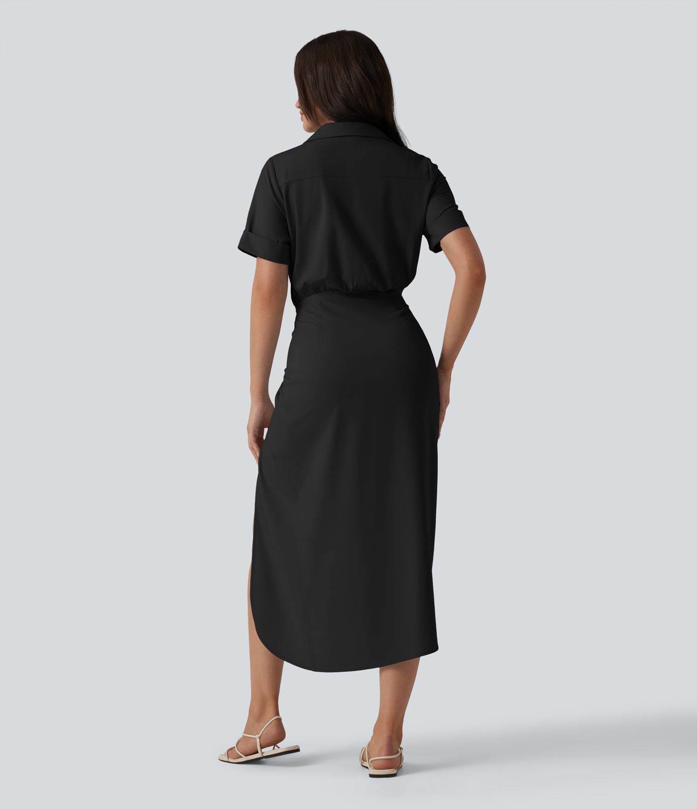 Wrinkle-Resistant Short Sleeve Wrapped Tie Front Midi Casual Chiffon Shirt Dress with Pocket