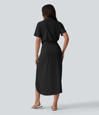 Wrinkle-Resistant Short Sleeve Wrapped Tie Front Midi Casual Chiffon Shirt Dress with Pocket