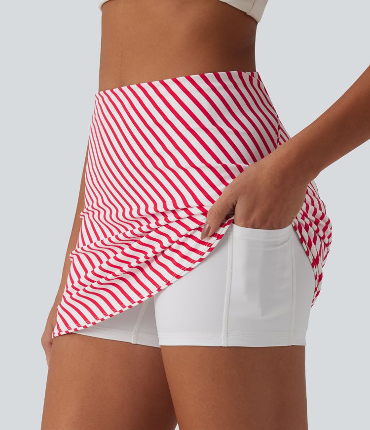 High Waisted 2-in-1 Curved Hem Stripe Mini Tennis Skirt with Pockets