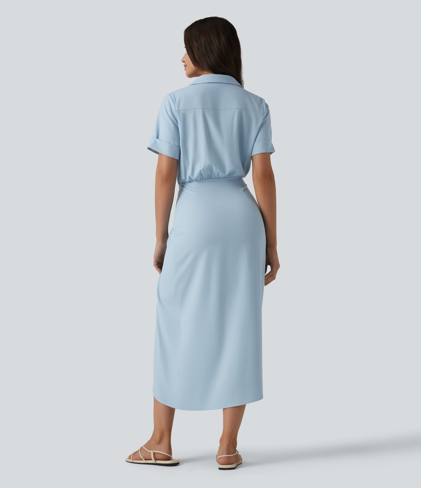 Wrinkle-Resistant Short Sleeve Wrapped Tie Front Midi Casual Chiffon Shirt Dress with Pocket