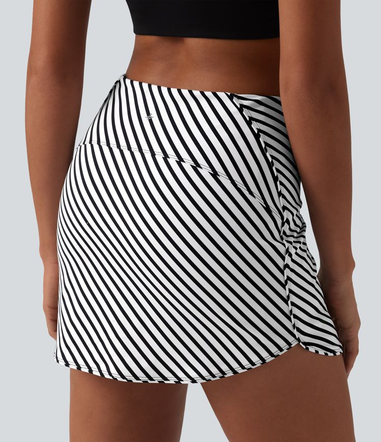 High Waisted 2-in-1 Curved Hem Stripe Mini Tennis Skirt with Pockets