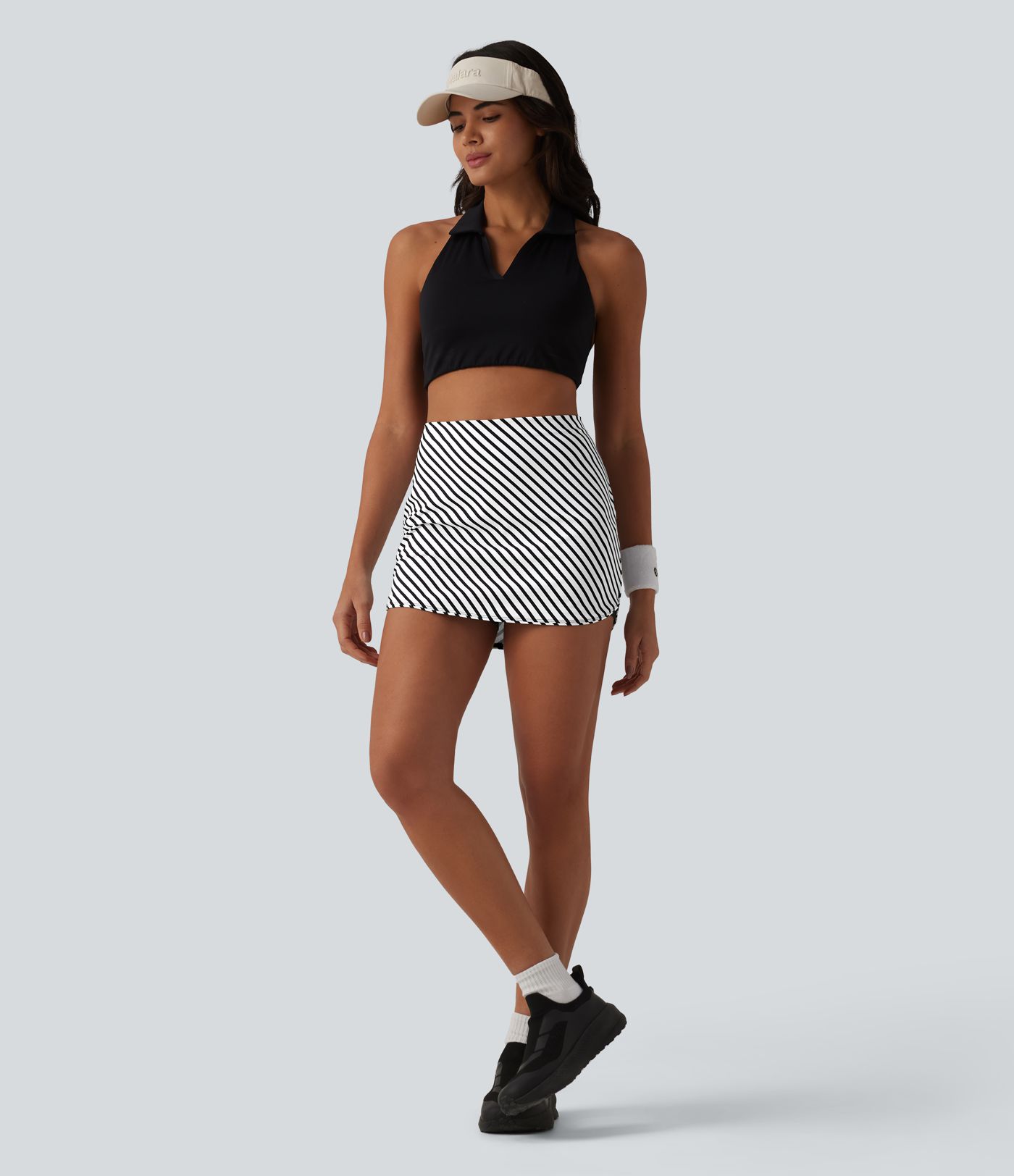 High Waisted 2-in-1 Curved Hem Stripe Mini Tennis Skirt with Pockets