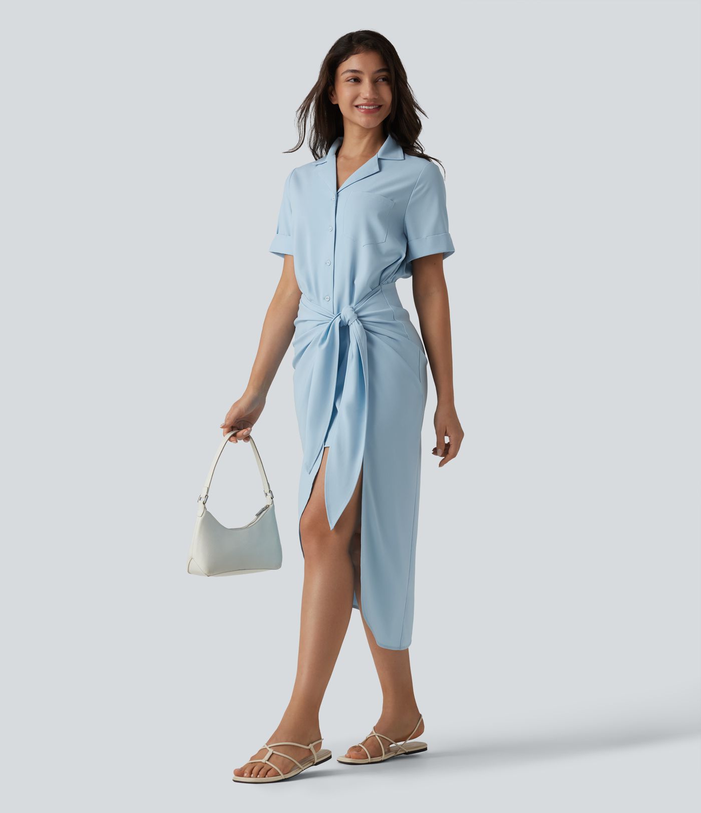 Wrinkle-Resistant Short Sleeve Wrapped Tie Front Midi Casual Chiffon Shirt Dress with Pocket