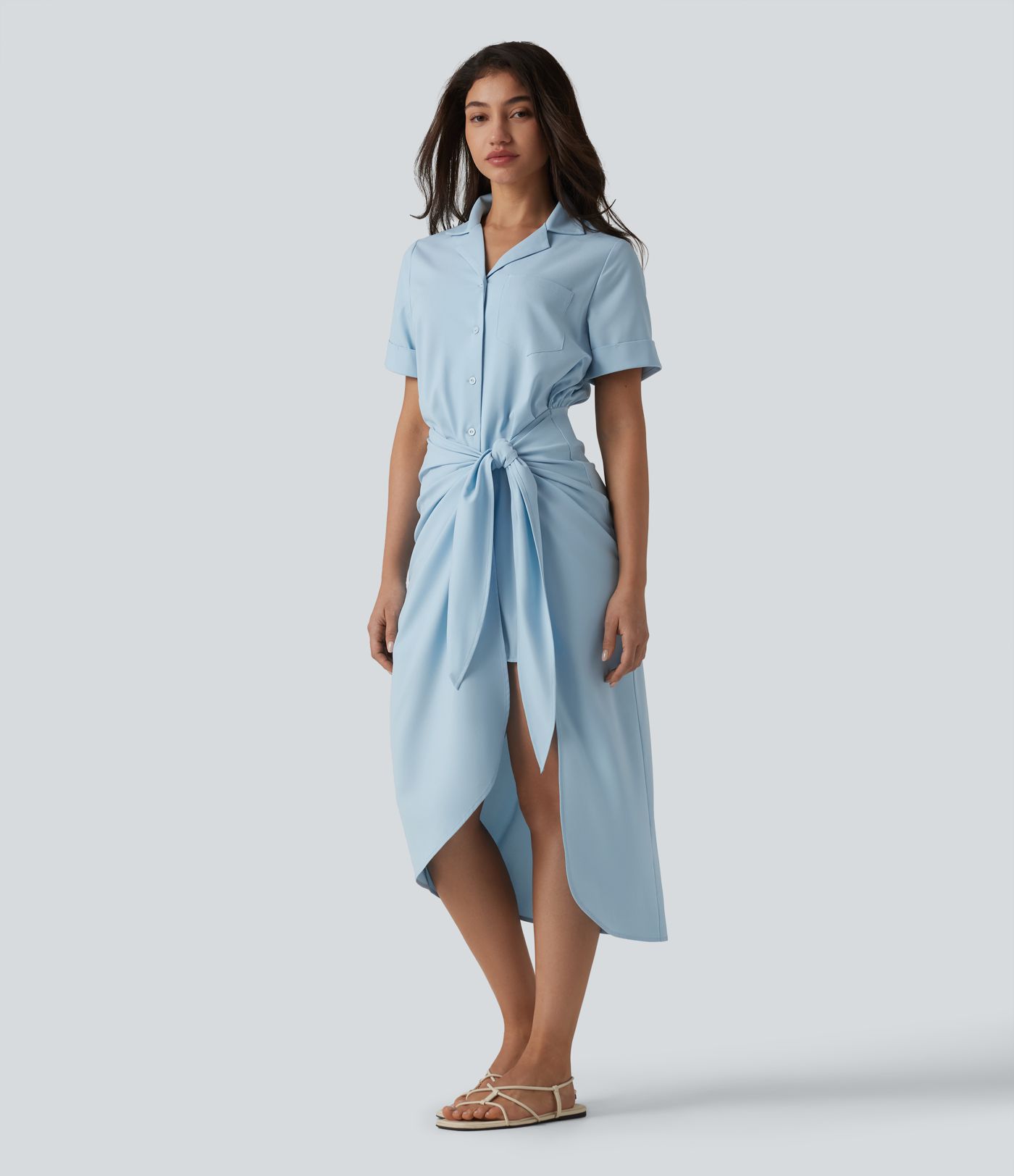 Wrinkle-Resistant Short Sleeve Wrapped Tie Front Midi Casual Chiffon Shirt Dress with Pocket