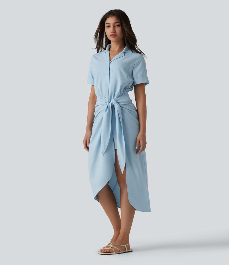 Wrinkle-Resistant Short Sleeve Wrapped Tie Front Midi Casual Chiffon Shirt Dress with Pocket