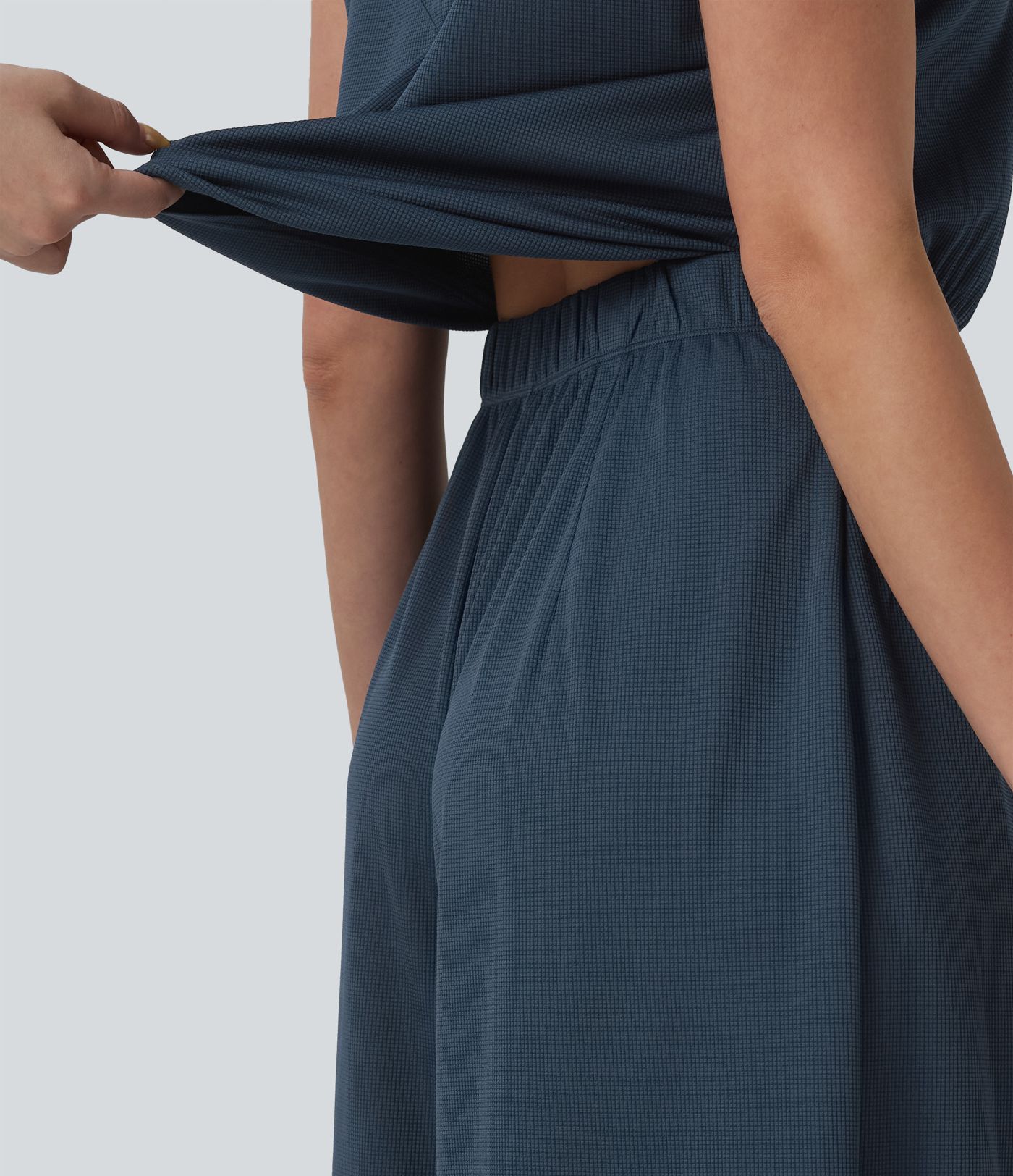 Combinaison décontractée fluide en tissu gaufré col V avec poches, Édition Easy Peezy