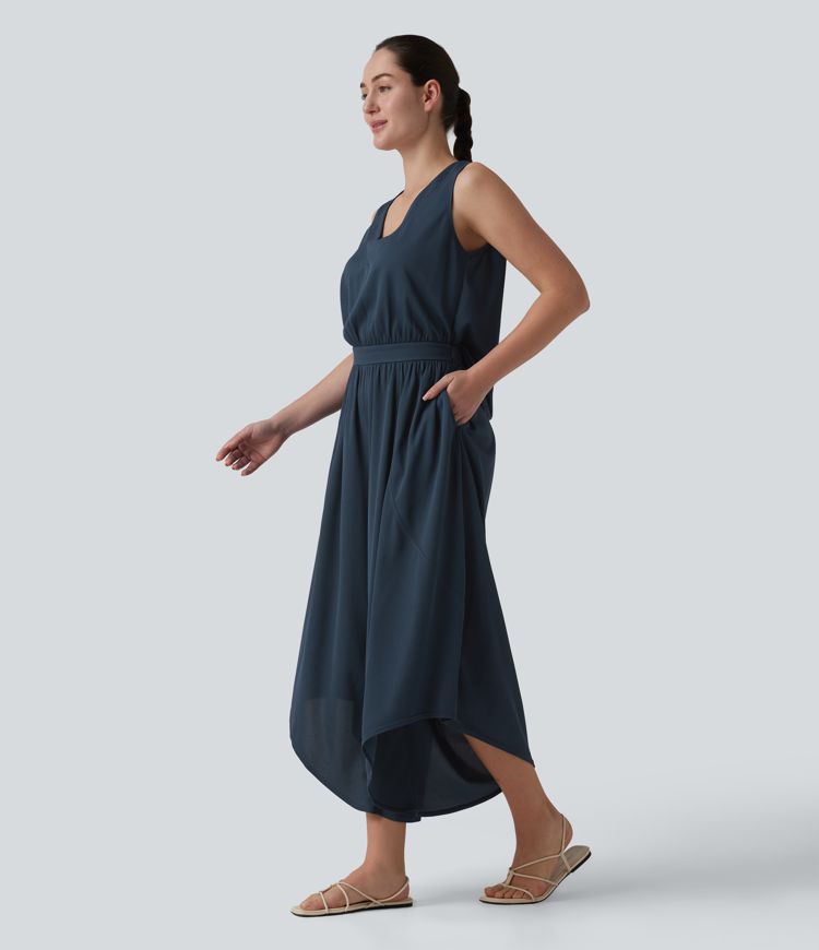 Combinaison décontractée fluide en tissu gaufré col V avec poches, Édition Easy Peezy