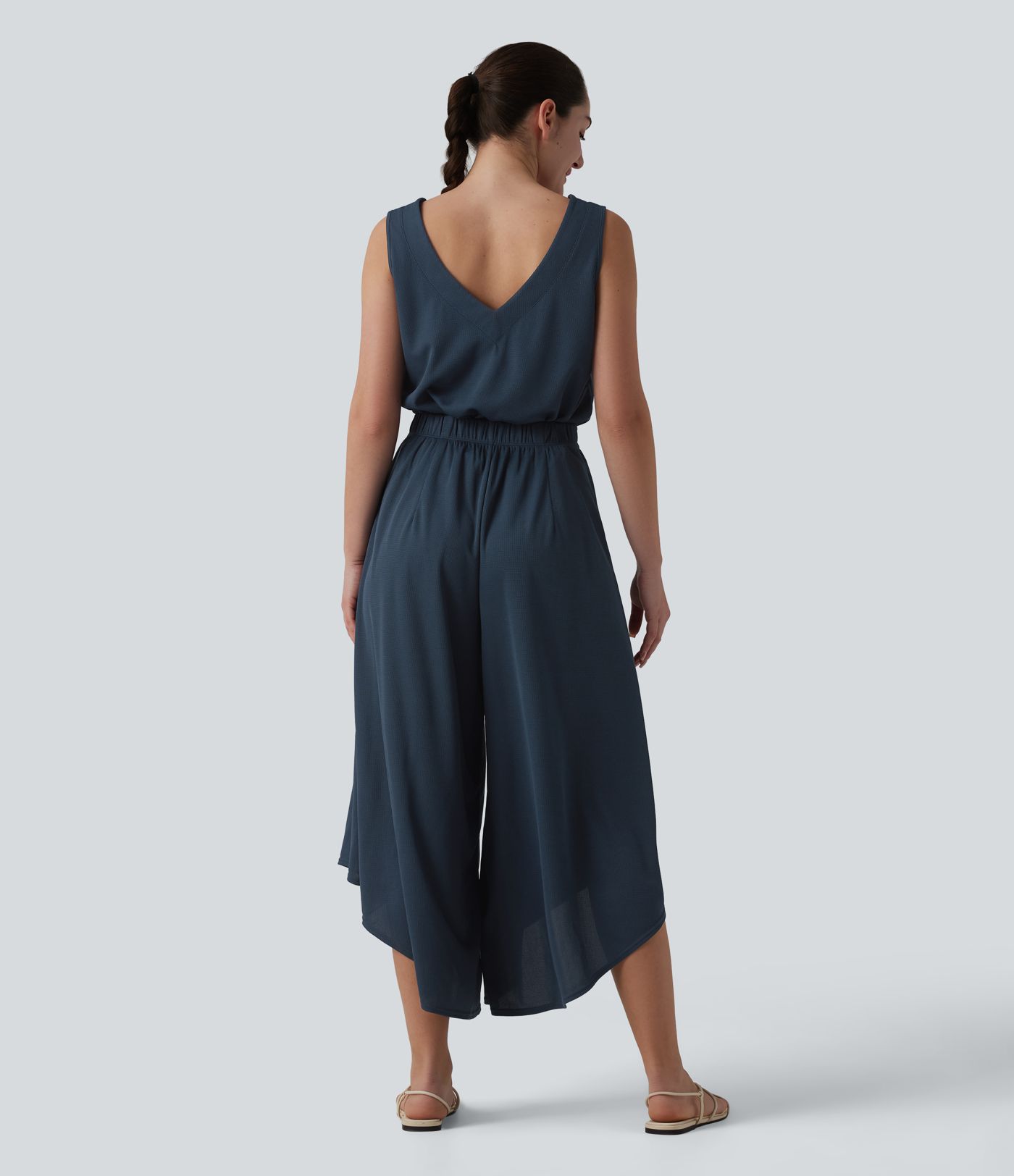 Combinaison décontractée fluide en tissu gaufré col V avec poches, Édition Easy Peezy