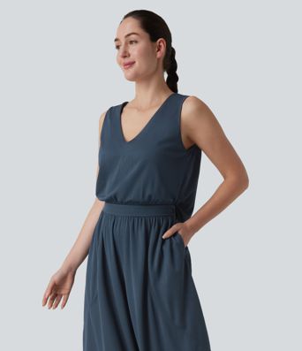 Combinaison décontractée fluide en tissu gaufré col V avec poches, Édition Easy Peezy