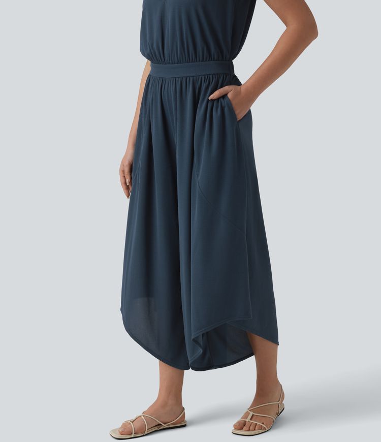 Combinaison décontractée fluide en tissu gaufré col V avec poches, Édition Easy Peezy