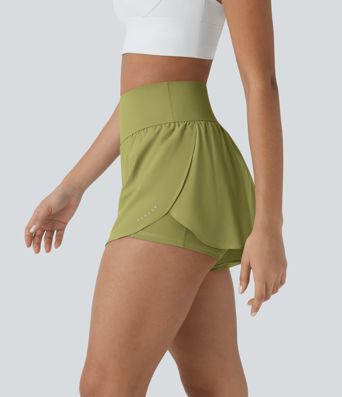 SoftlyZero™ QuickDry High Waisted Tummy Control Reflective Dots Crossover Hem 2-in-1 Running Shorts 3'' with Pockets