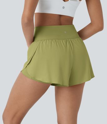 SoftlyZero™ QuickDry High Waisted Tummy Control Reflective Dots Crossover Hem 2-in-1 Running Shorts 3'' with Pockets