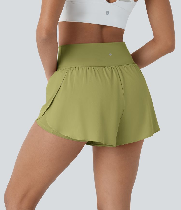 SoftlyZero™ QuickDry High Waisted Tummy Control Reflective Dots Crossover Hem 2-in-1 Running Shorts 3'' with Pockets