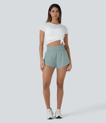 SoftlyZero™ QuickDry High Waisted Tummy Control Reflective Dots Crossover Hem 2-in-1 Running Shorts 3'' with Pockets SoftlyZero™ QuickDry High Waisted Tummy Control Reflective Dots Crossover Hem 2-in-1 Running Shorts 3'' with Pockets