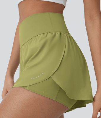 SoftlyZero™ QuickDry High Waisted Tummy Control Reflective Dots Crossover Hem 2-in-1 Running Shorts 3'' with Pockets