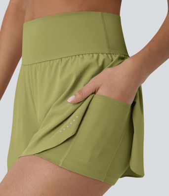 SoftlyZero™ QuickDry High Waisted Tummy Control Reflective Dots Crossover Hem 2-in-1 Running Shorts 3'' with Pockets