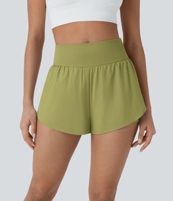 SoftlyZero™ QuickDry High Waisted Tummy Control Reflective Dots Crossover Hem 2-in-1 Running Shorts 3'' with Pockets