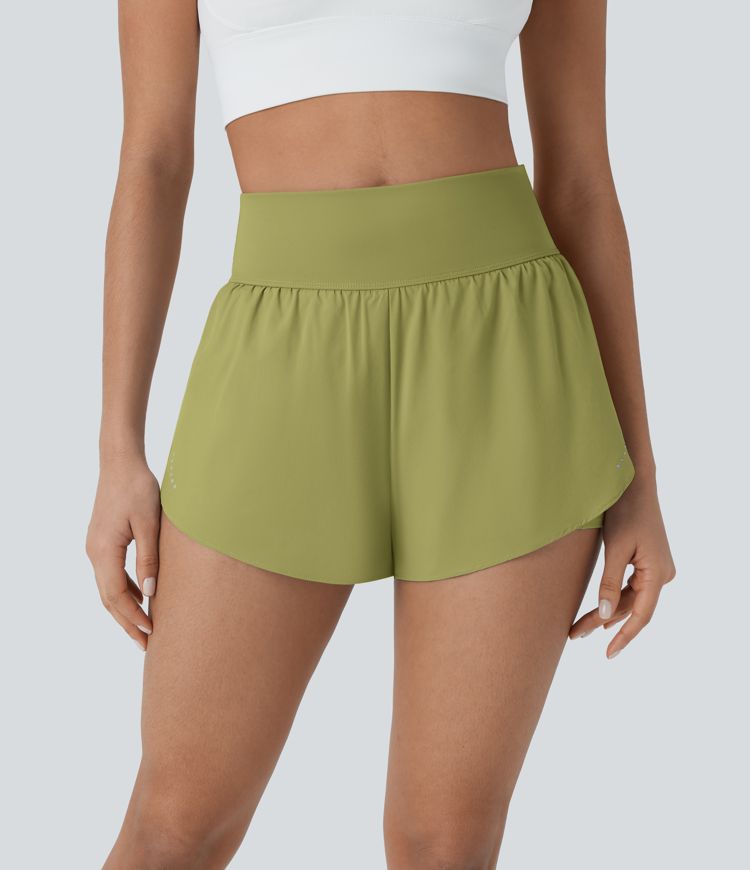 SoftlyZero™ QuickDry High Waisted Tummy Control Reflective Dots Crossover Hem 2-in-1 Running Shorts 3'' with Pockets
