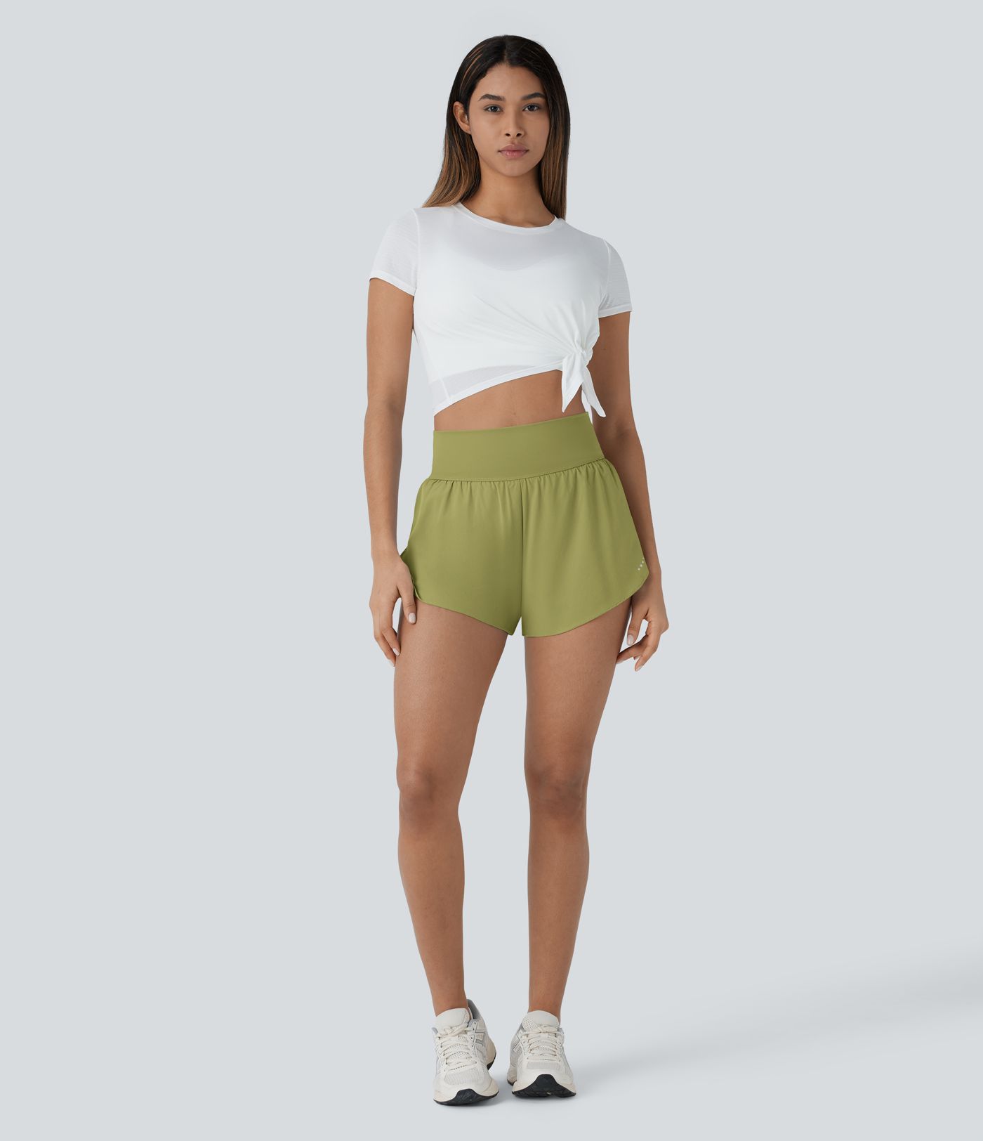 SoftlyZero™ QuickDry High Waisted Tummy Control Reflective Dots Crossover Hem 2-in-1 Running Shorts 3'' with Pockets