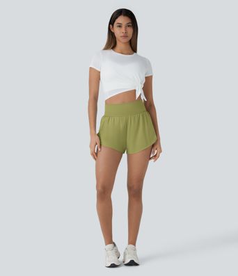 SoftlyZero™ QuickDry High Waisted Tummy Control Reflective Dots Crossover Hem 2-in-1 Running Shorts 3'' with Pockets