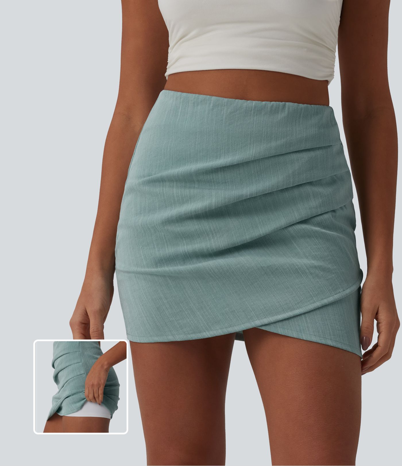 High Waisted Invisible Zipper Ruched Crossover Hem 2-in-1 Bodycon Mini Casual Linen-Feel Skirt