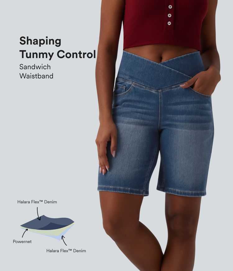 Halara Flex™ High Waisted Crossover Tummy Control Denim Casual Shorts with Pockets