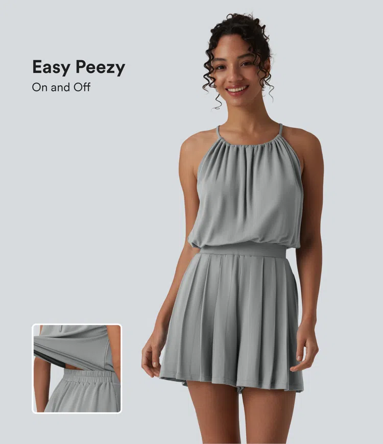 Halter Sleeveless Tie-back Pleated Casual Romper with Pockets-Easy Peezy