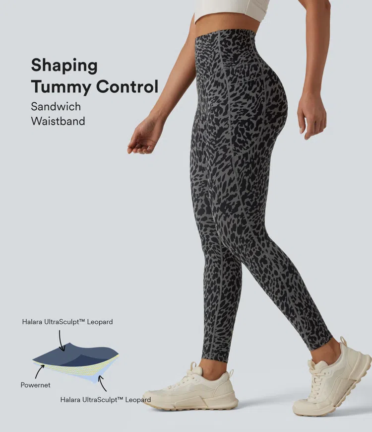 Storm Blur Halara UltraSculpt™ Leoparden-Print 7/8-Leggings mit hoher Taille, bauchformender Shaping-Funktion fürs Laufen, mit Taschen / 1