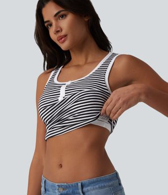 Ribbed Knit U-Neck Stripe Built-in Bra Casual Tank Top