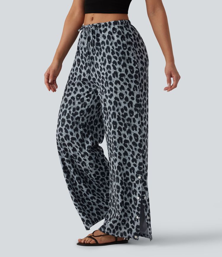 Mid Rise Drawstring Wide Leg Leopard Print Waffle Casual Trousers with Pockets