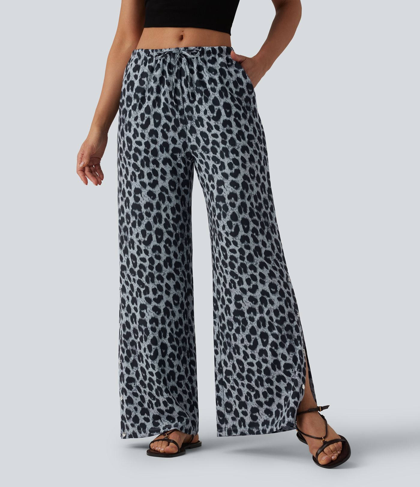 Mid Rise Drawstring Wide Leg Leopard Print Waffle Casual Trousers with Pockets