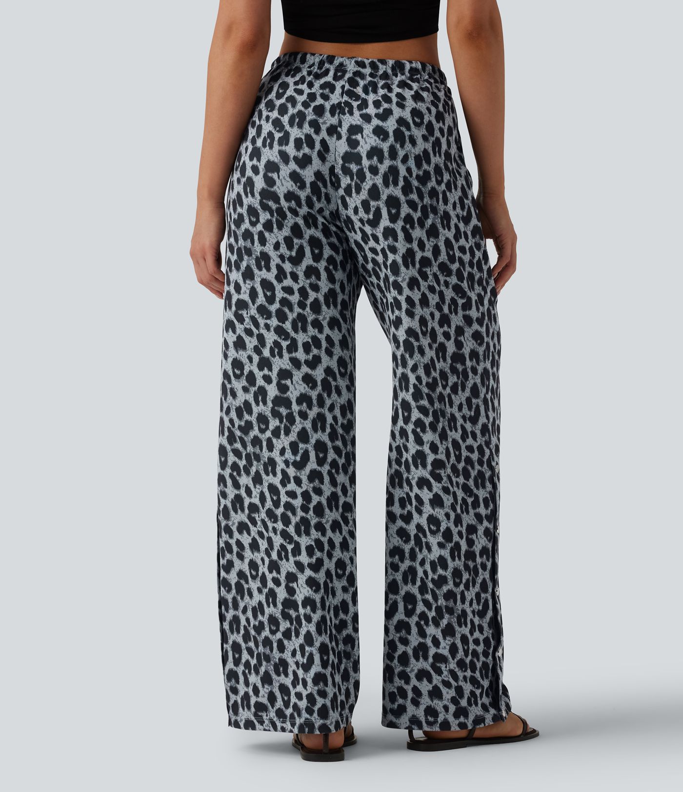 Mid Rise Drawstring Wide Leg Leopard Print Waffle Casual Trousers with Pockets