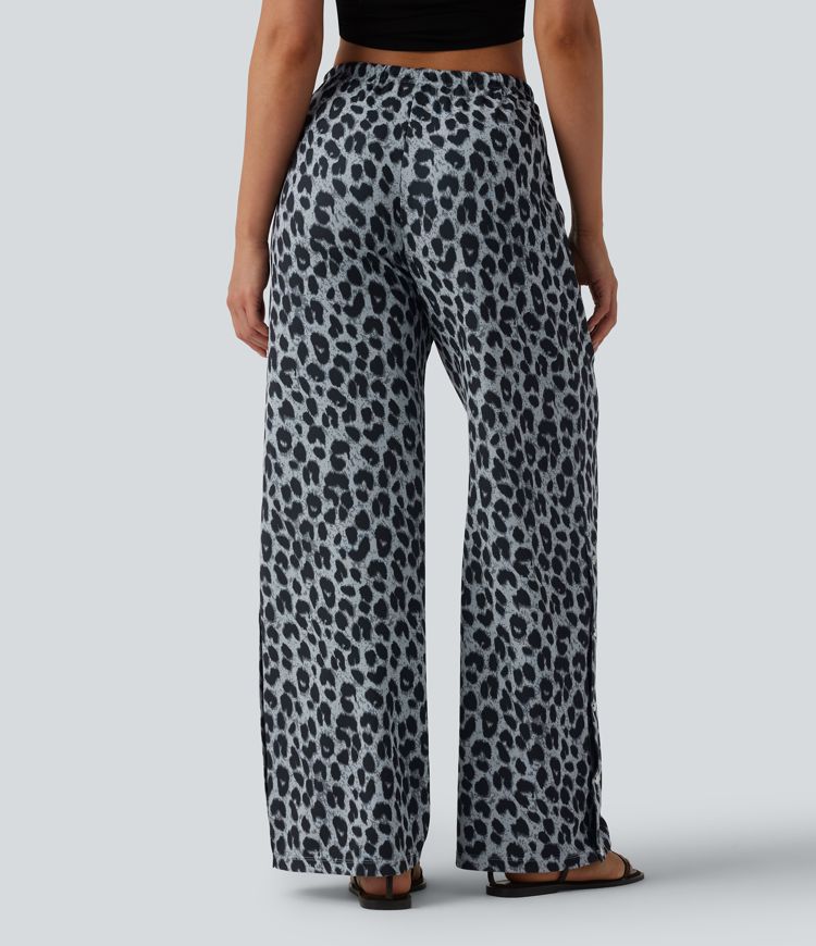 Mid Rise Drawstring Wide Leg Leopard Print Waffle Casual Trousers with Pockets